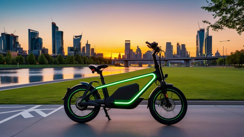 Electric bike with LED lights and reflective gear parked in a cityscape at sunset, featuring helmet and safety equipment. Highlights eco-friendly transportation, electric bike safety tips, and urban commuting practices